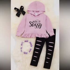 Keep it Sassy Purple Long Sleeve Hoodie and Black and Purple Leggings Set